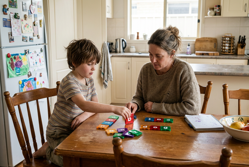 Candid family word-building at the kitchen table