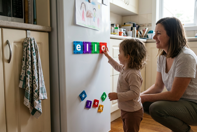 Preschool child spelling Ella on the fridge